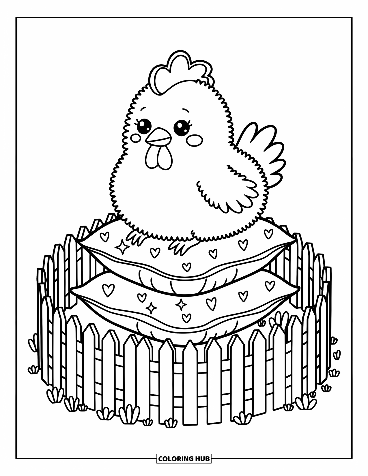 Kolorowanka ze zwierzętami gospodarskimi dla dorosłych: Przytulna kura odpoczywa na warzywnych poduszkach z iskierkami, sercami i figlarnym płotem dookoła
