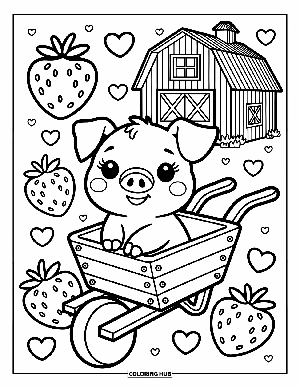 Kolorowanka ze zwierzętami gospodarskimi dla dorosłych: Przytulny prosiaczek siedzi w drewnianej taczce otoczony truskawkami i dekoracjami w kształcie serc