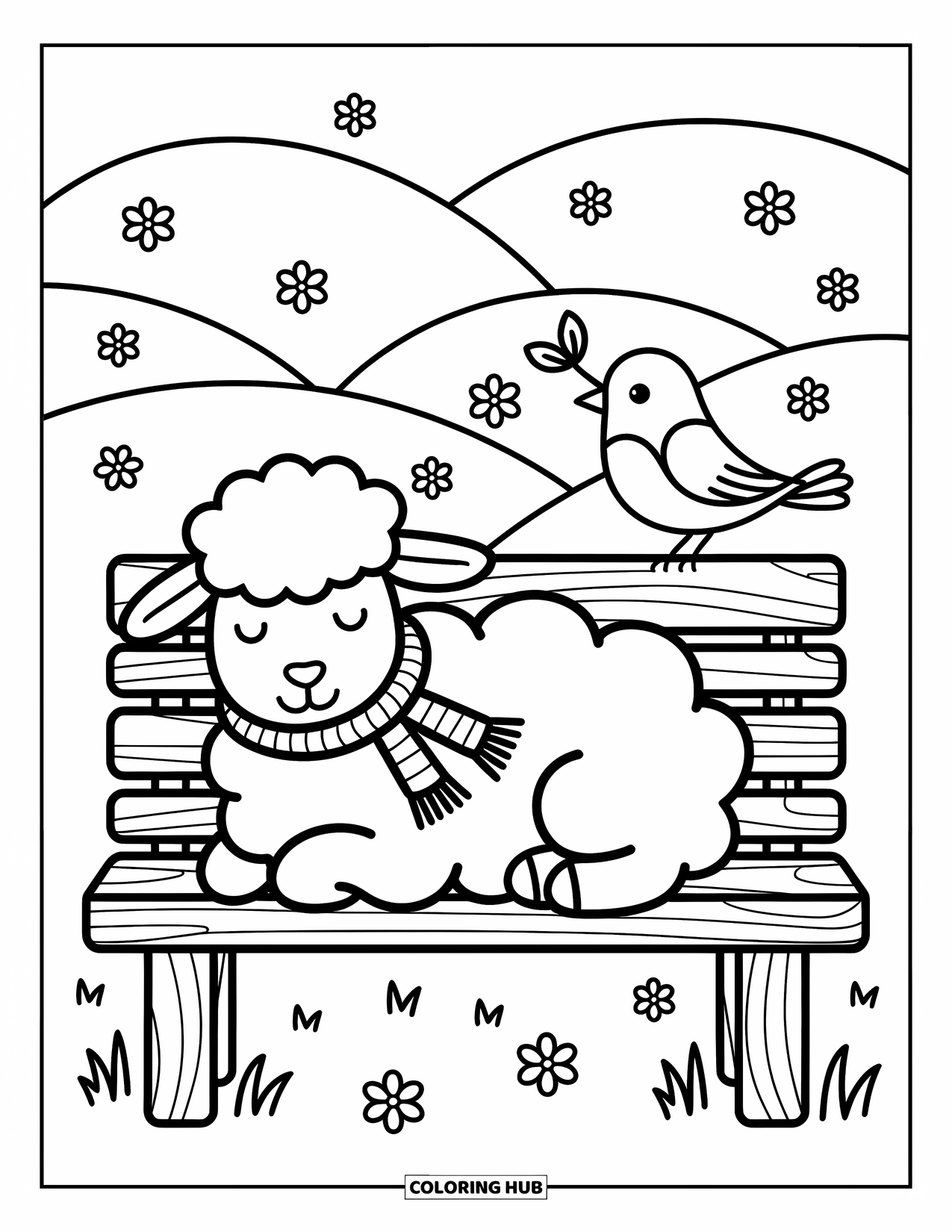 Kolorowanka ze zwierzętami gospodarskimi dla dorosłych: Przytulna owca relaksuje się na ławce z ptakiem w pobliżu trzymającym maleńki liść