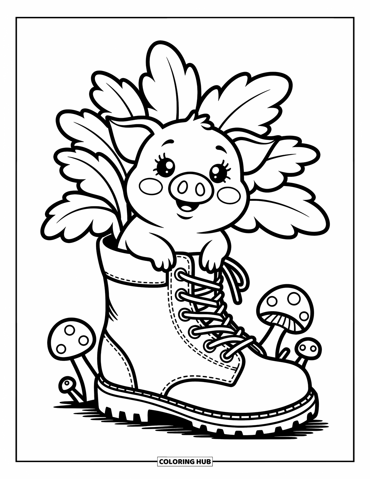 Kolorowanka ze zwierzętami gospodarskimi dla dorosłych: Ciekawski prosiaczek wygląda z dużej donicy w kształcie buta wypełnionej liśćmi i grzybami