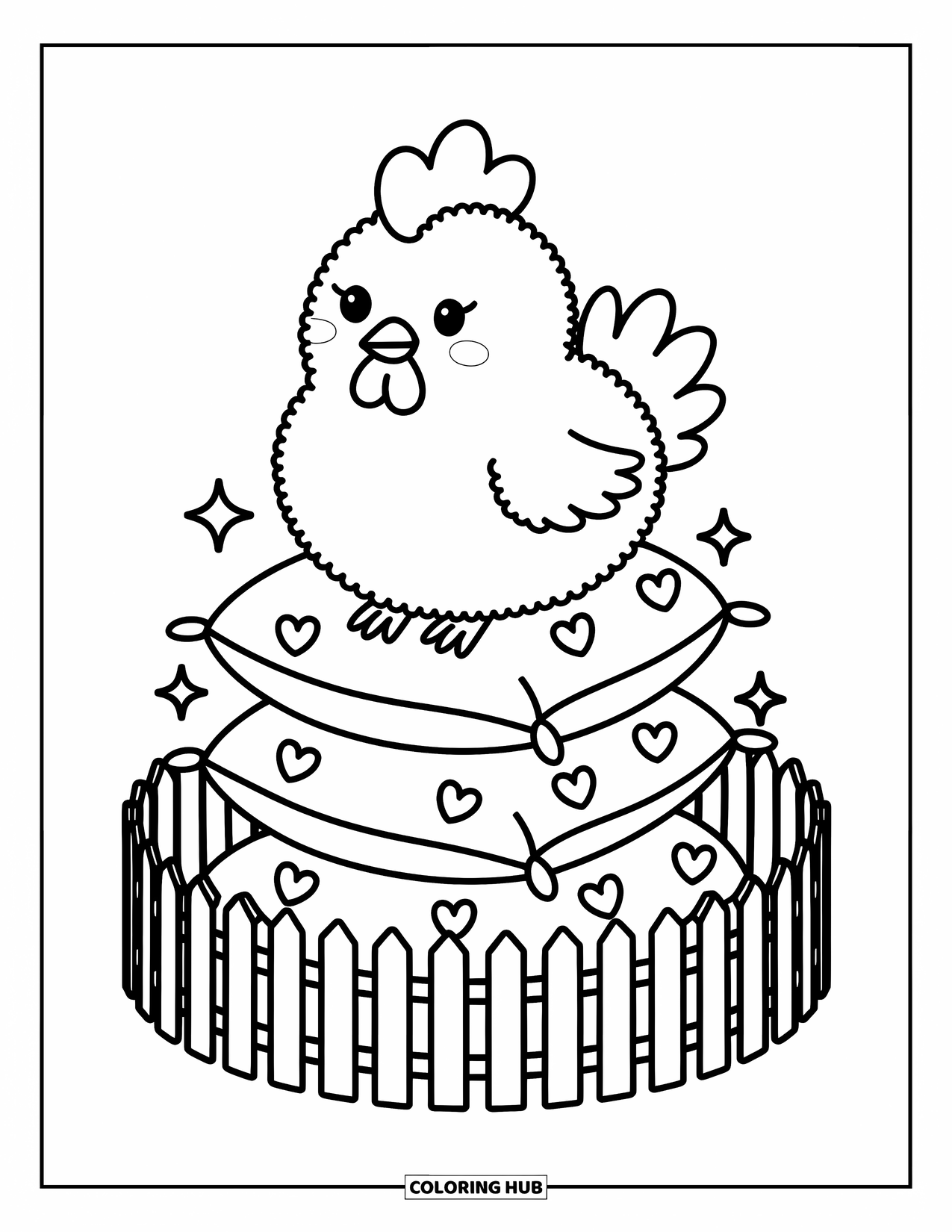 Kolorowanka ze zwierzętami gospodarskimi dla dorosłych: Słodka kura odpoczywa na warzywnych poduszkach z maleńkimi iskierkami i zakrzywionym płotem