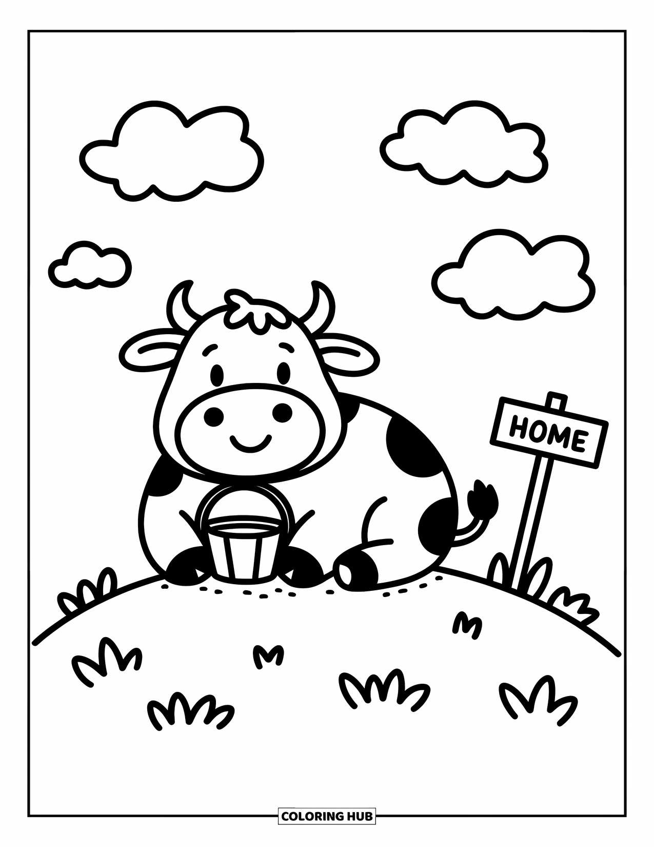 Kolorowanka ze zwierzętami gospodarskimi dla dorosłych: Słodka krowa siedzi na wzgórzu z małym wiadrem i drewnianym znakiem z napisem dom w pobliżu
