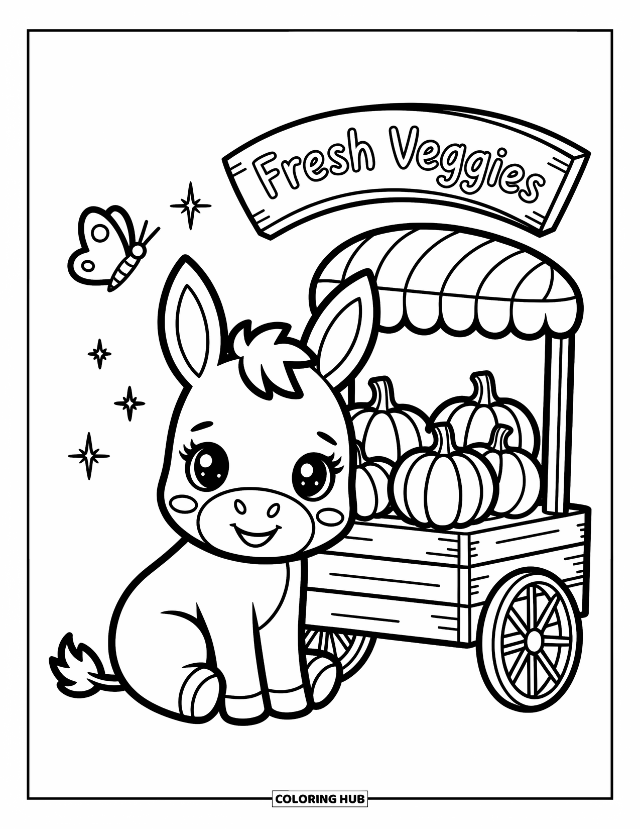 Kolorowanka ze zwierzętami gospodarskimi dla dorosłych: Słodki osiołek siedzi obok wózka z warzywami z dyniami, kapustą i figlarnym motylem