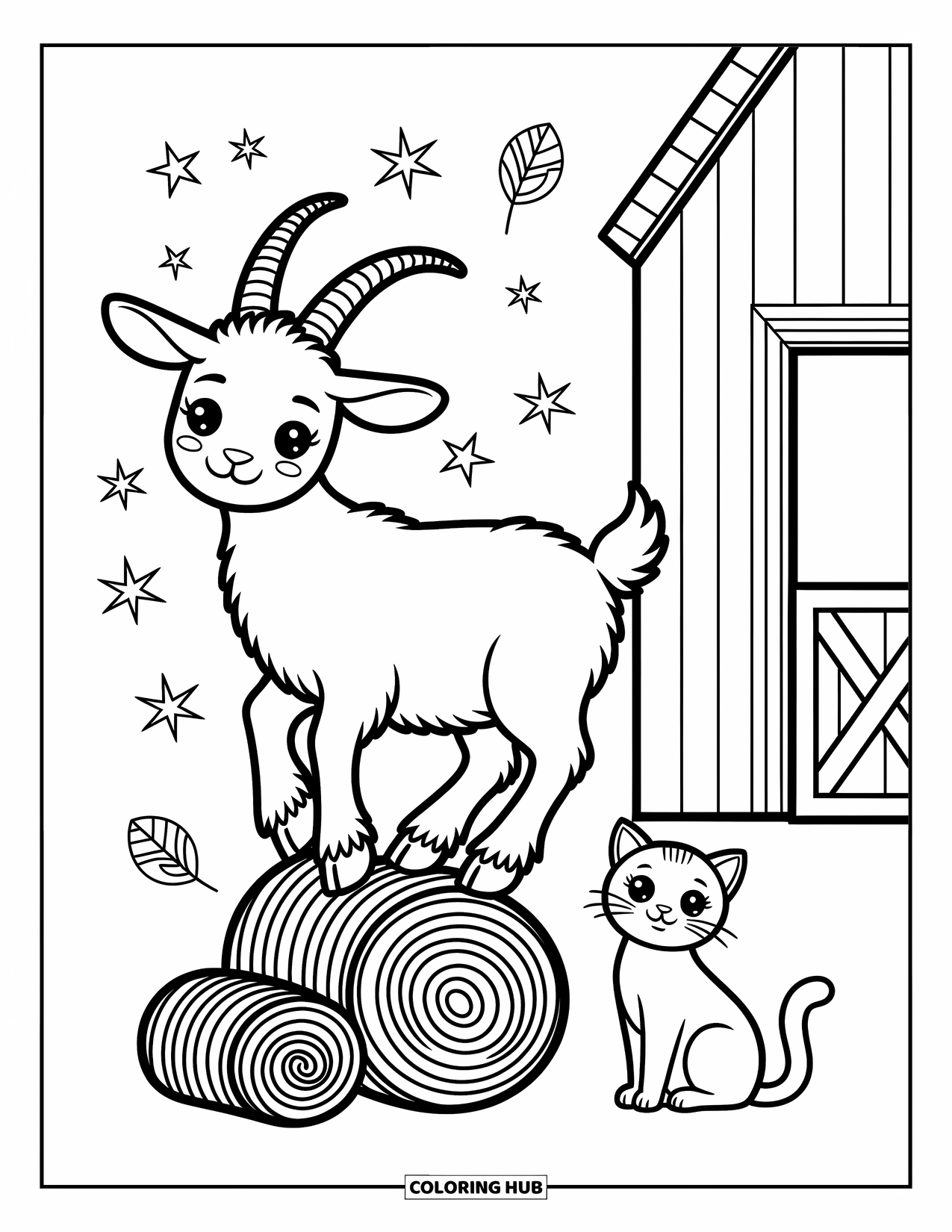 Kolorowanka ze zwierzętami gospodarskimi dla dorosłych: Urocza koza stoi na drewnianej kłodzie z migoczącymi gwiazdami i figlarnym kotem gospodarskim