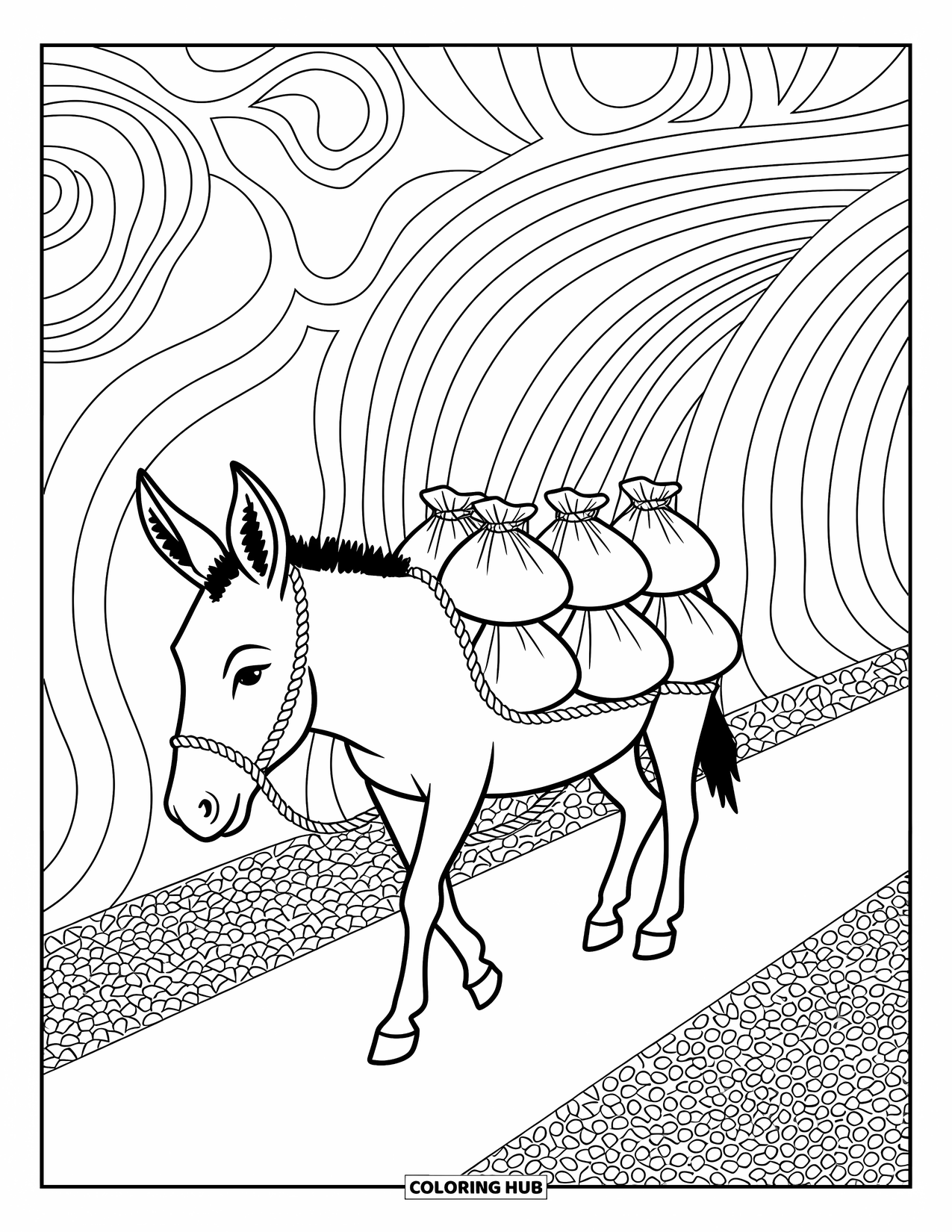 Kolorowanka ze zwierzętami gospodarskimi dla dorosłych: Osioł idzie żwirową ścieżką z workami, linami i wirującymi wzorami wokół