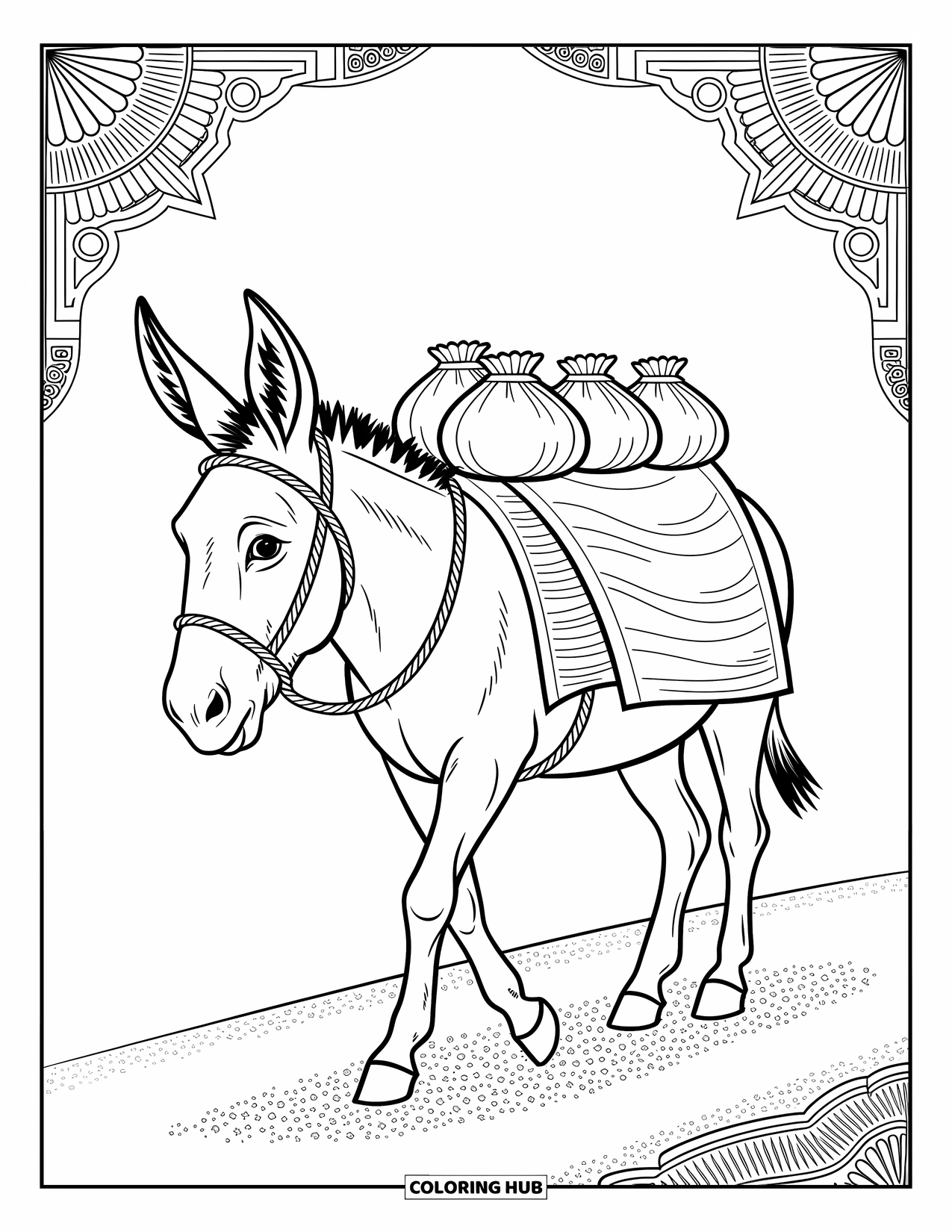Kolorowanka ze zwierzętami gospodarskimi dla dorosłych: Osioł idzie z gracją z workami na grzbiecie, otoczony skomplikowanymi wzorami