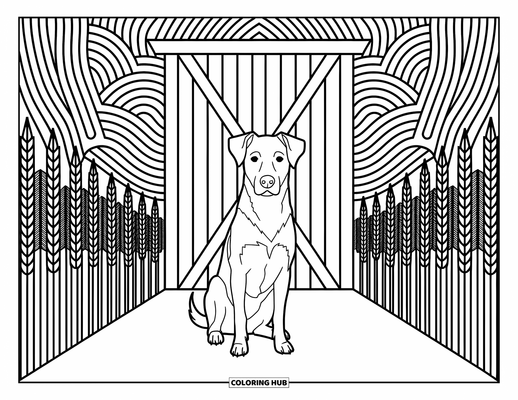 Kolorowanka ze zwierzętami gospodarskimi dla dorosłych: Pies gospodarski siedzi dumnie z wzorami i stylizowaną pszenicą wokół drzwi stodoły