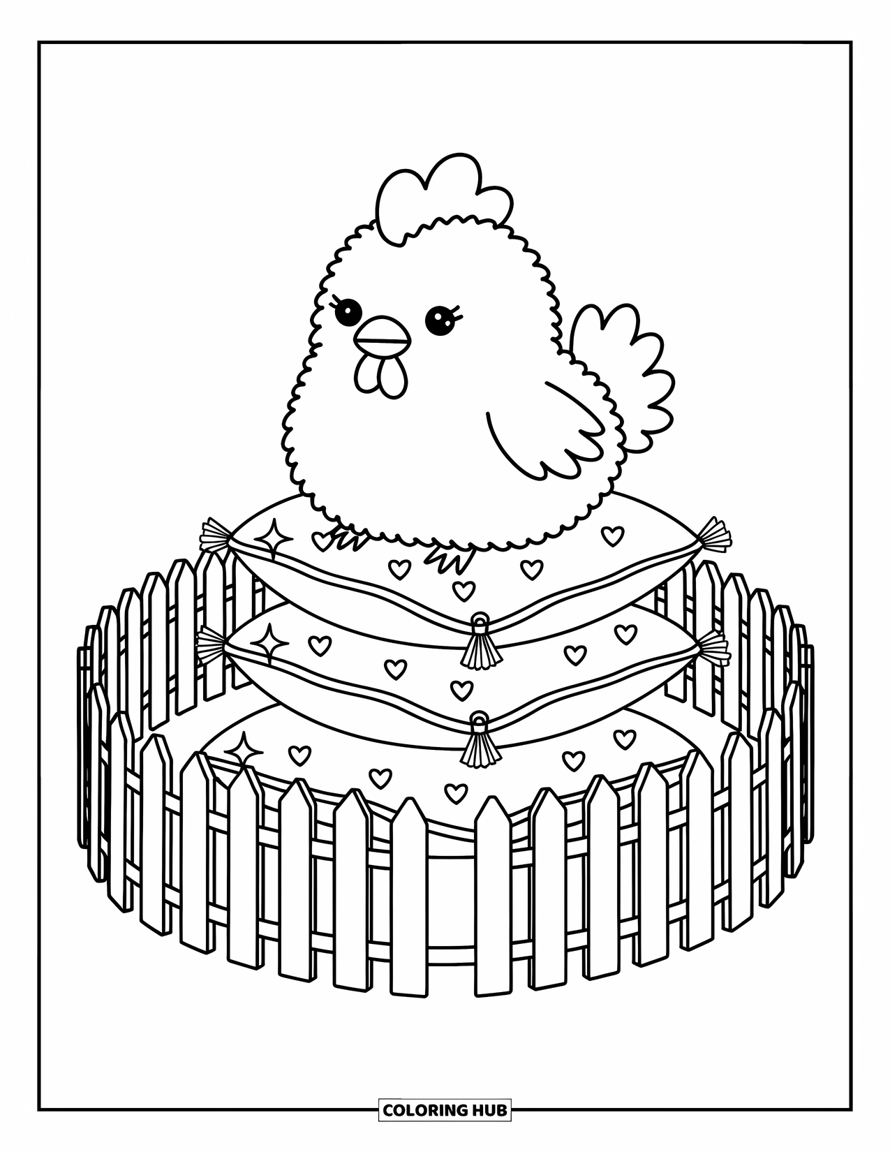 Kolorowanka ze zwierzętami gospodarskimi dla dorosłych: Puszysta kura siedzi szczęśliwie na poduszkach w kształcie warzyw z płotem dookoła