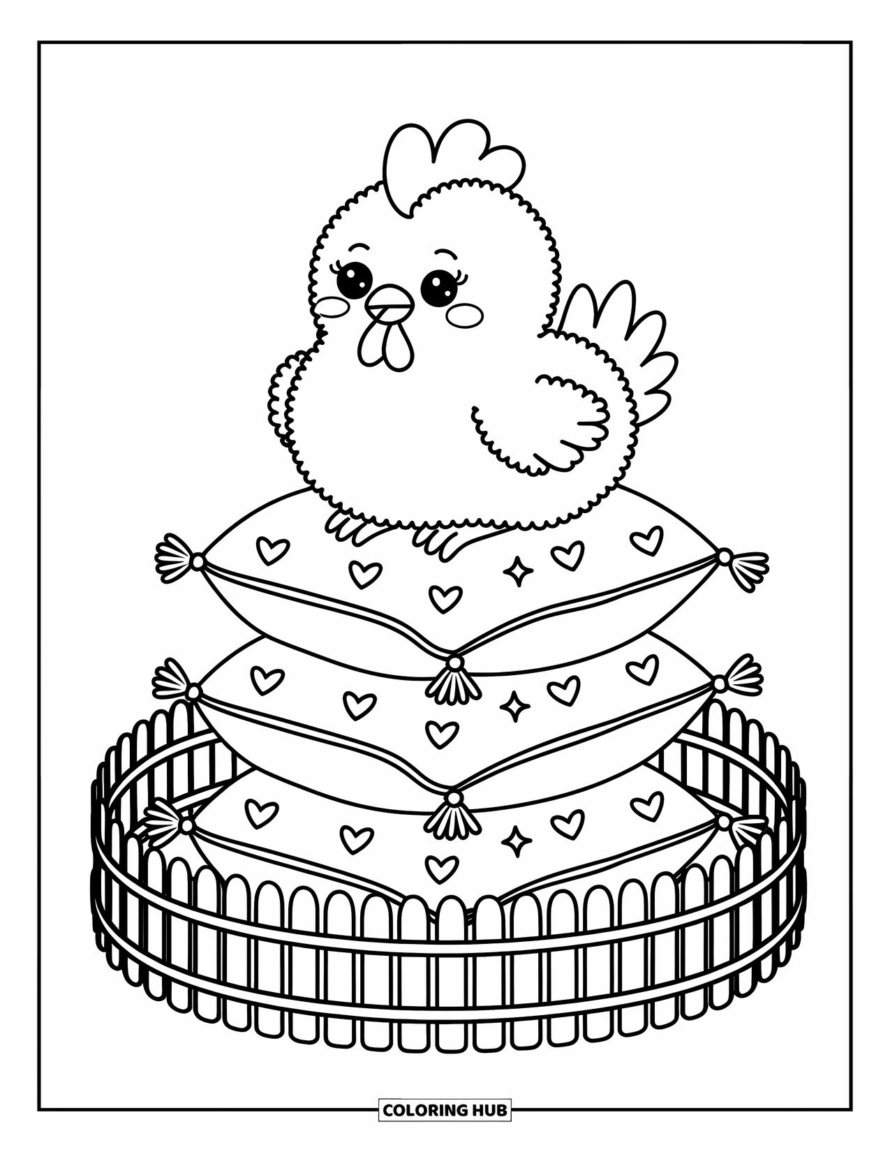 Kolorowanka ze zwierzętami gospodarskimi dla dorosłych: Puszysta kura siedzi na poduszkach w kształcie warzyw otoczona małym zakrzywionym płotem