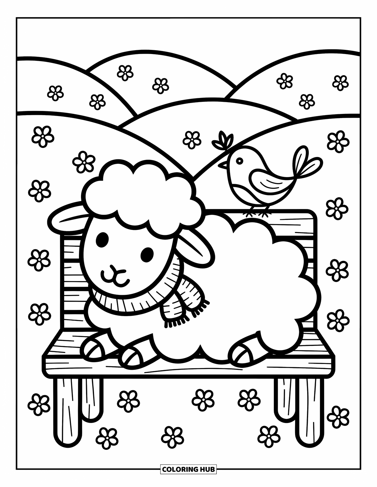 Kolorowanka ze zwierzętami gospodarskimi dla dorosłych: Puszysta owca i mały ptaszek siedzą razem, otoczeni wzgórzami i małymi kwiatkami