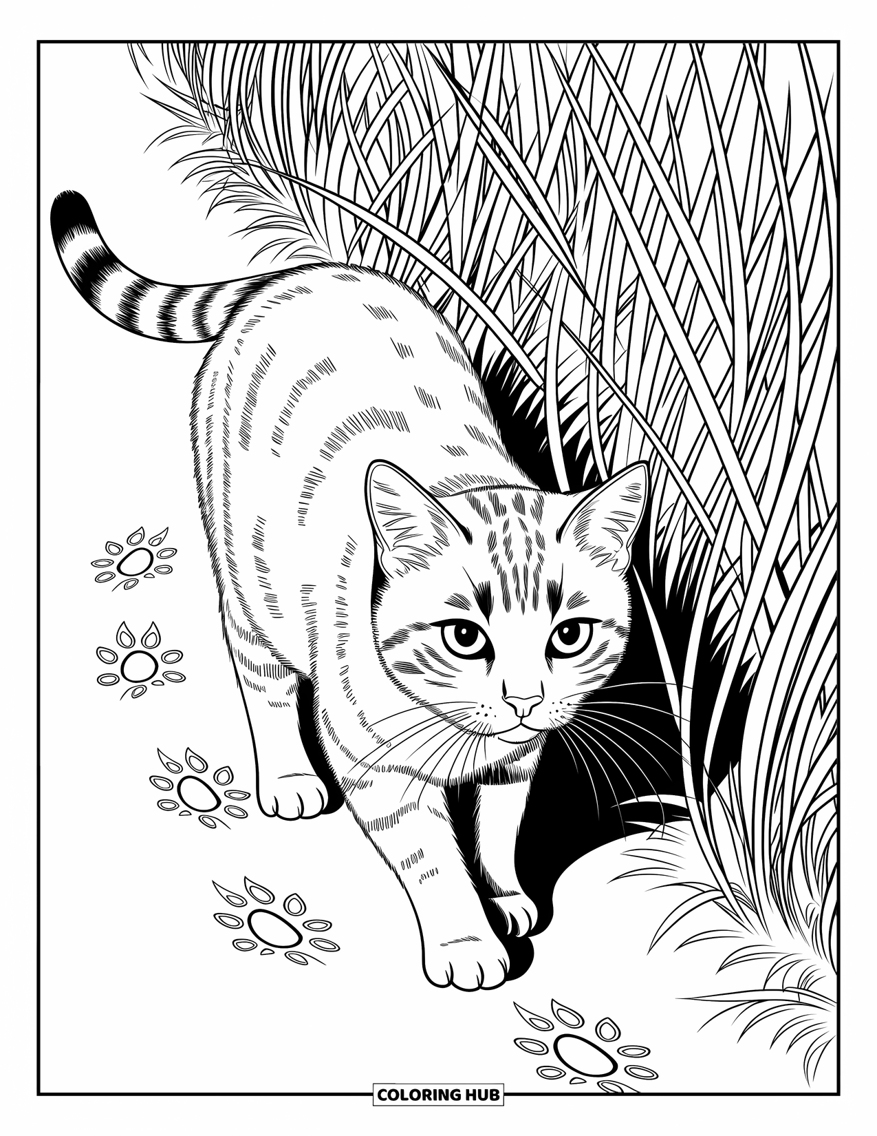 Kolorowanka ze zwierzętami gospodarskimi dla dorosłych: Skupiony kot gospodarski skrada się przez wysoką trawę ze śladami łap na ziemi
