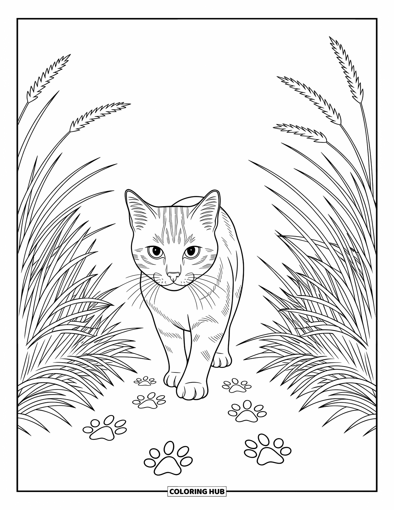 Kolorowanka ze zwierzętami gospodarskimi dla dorosłych: Skupiony kot gospodarski skrada się przez wysoką trawę z miękkimi śladami łap na ziemi
