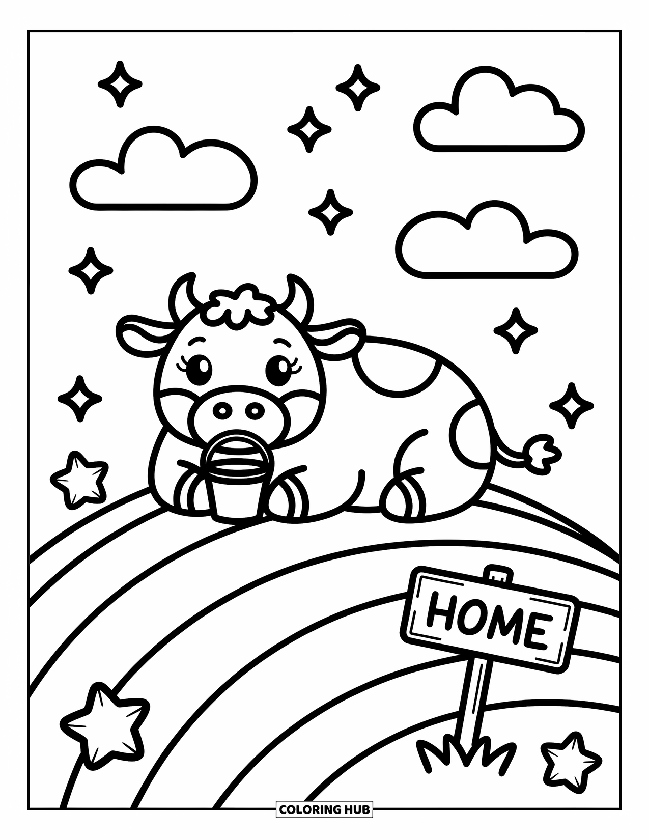 Kolorowanka ze zwierzętami gospodarskimi dla dorosłych: Przyjazna krowa relaksuje się na wzgórzu z puszystymi chmurami i znakiem z napisem "Dom"