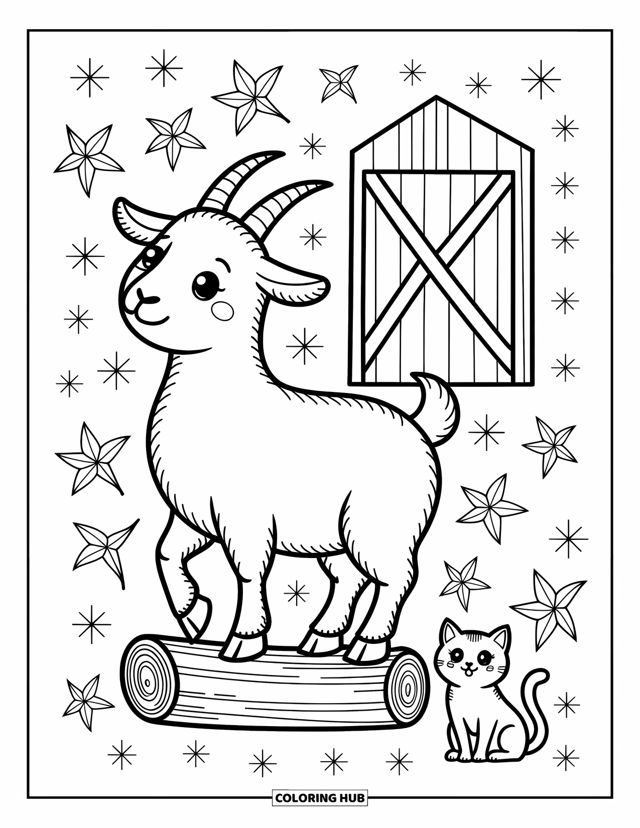 Kolorowanka ze zwierzętami gospodarskimi dla dorosłych: Przyjazny osiołek siedzi w pobliżu wózka z warzywami z dyniami, kapustą i motylem w pobliżu