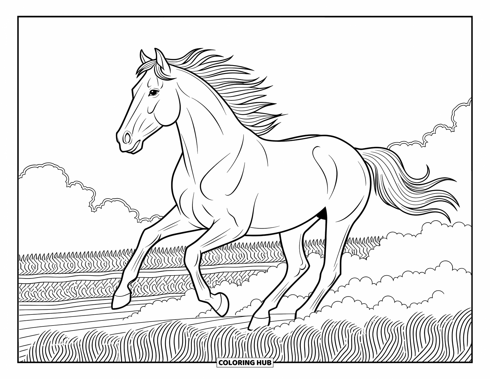 Kolorowanka ze zwierzętami gospodarskimi dla dorosłych: Galopujący koń z powiewającą grzywą porusza się przez kurz i kwiatowe tła