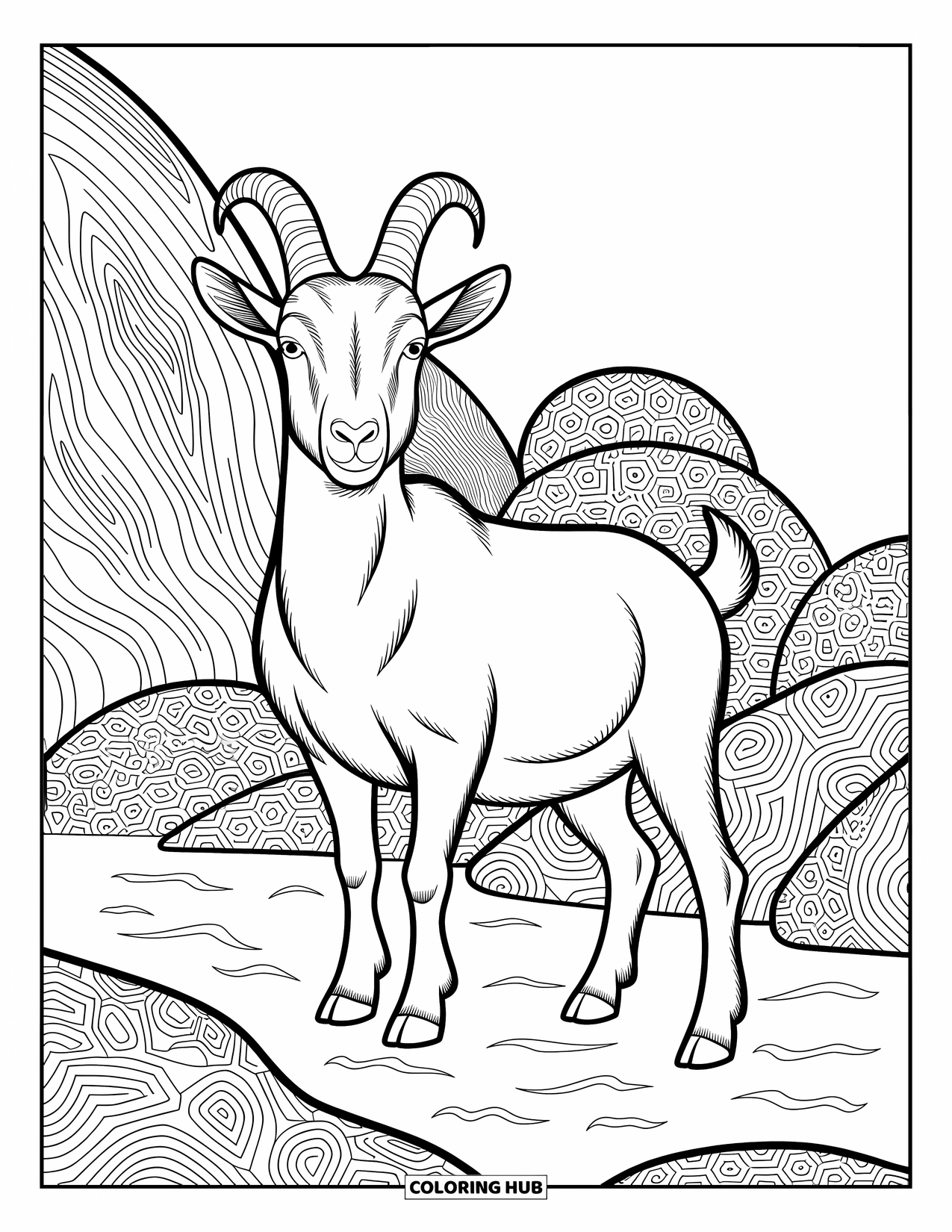 Kolorowanka ze zwierzętami gospodarskimi dla dorosłych: Koza na nierównym terenie jest otoczona głazami, wzorami i artystycznymi elementami tła
