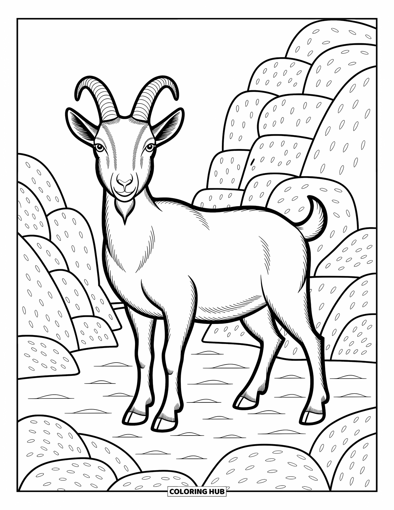 Kolorowanka ze zwierzętami gospodarskimi dla dorosłych: Koza stoi dumnie na skalistym podłożu z dekoracyjnymi tłami i wirującymi motywami