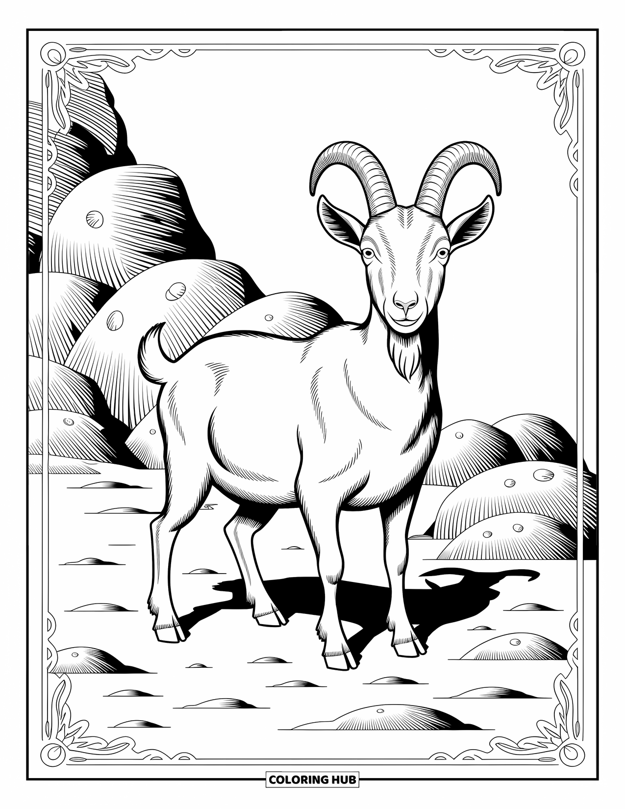Kolorowanka ze zwierzętami gospodarskimi dla dorosłych: Koza z krótką sierścią i szczegółowymi rogami stoi na skałach otoczona skomplikowanymi wzorami