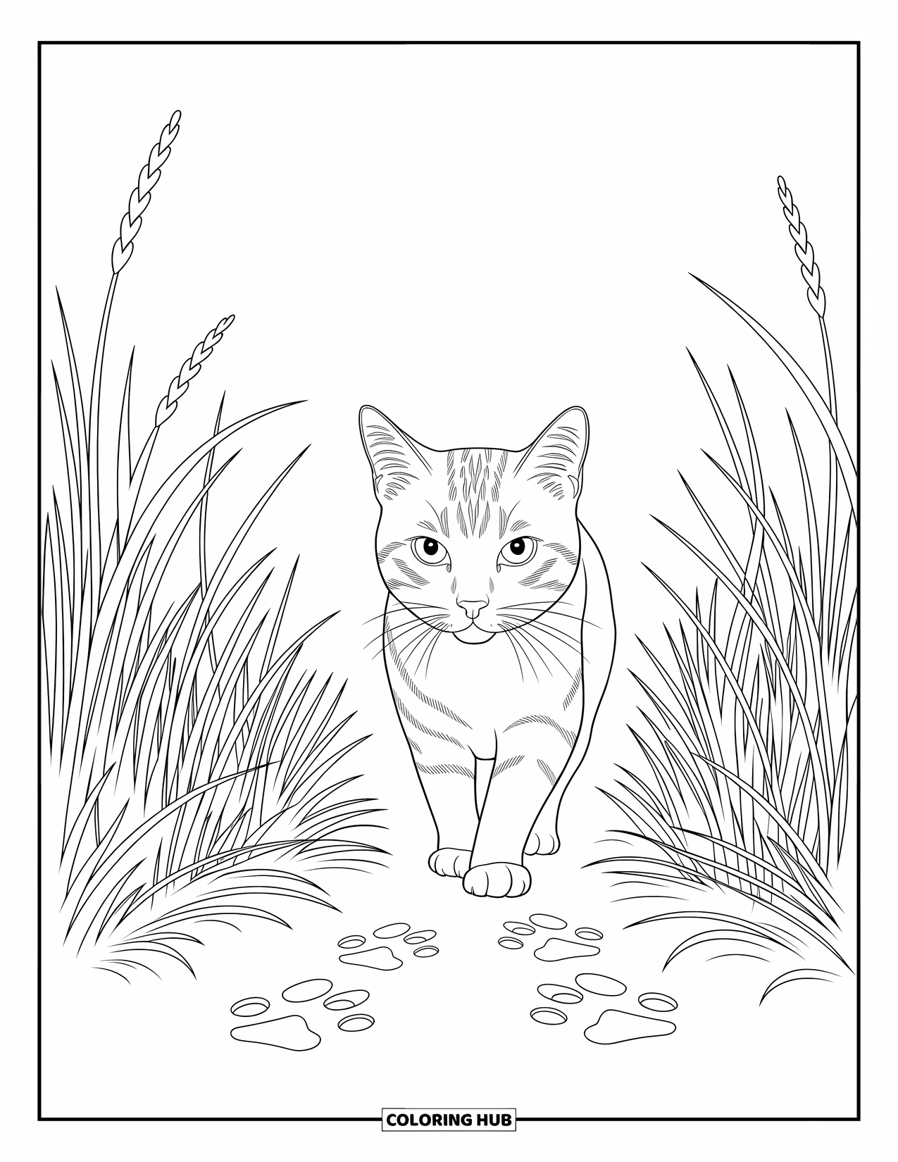 Kolorowanka ze zwierzętami gospodarskimi dla dorosłych: Pełen gracji kot porusza się po trawie z widocznymi liniami futra i skomplikowanymi wzorami