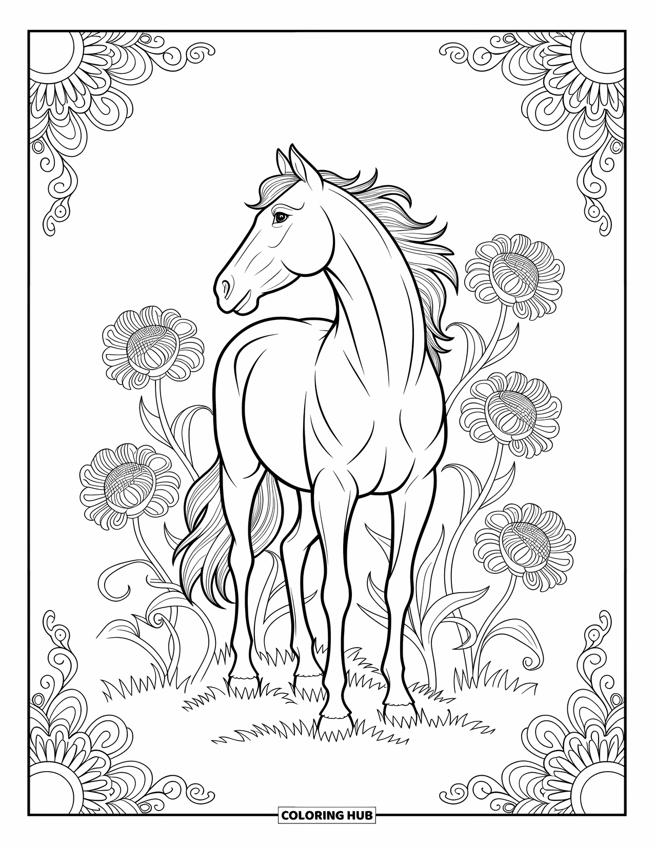 Kolorowanka ze zwierzętami gospodarskimi dla dorosłych: Pełen gracji koń z ozdobnymi wzorami stoi wśród dużych polnych kwiatów i wijących się pnączy