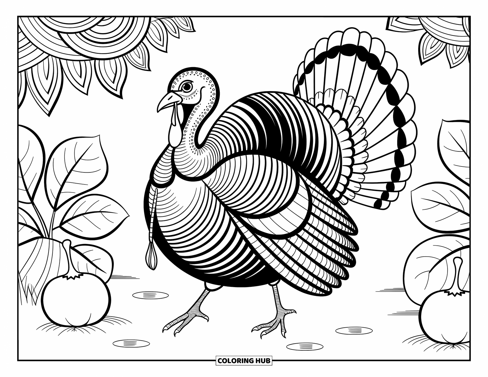Kolorowanka ze zwierzętami gospodarskimi dla dorosłych: Pełen gracji indyk porusza się po ogrodzie ze skomplikowanymi liśćmi i obramowaniami z winorośli