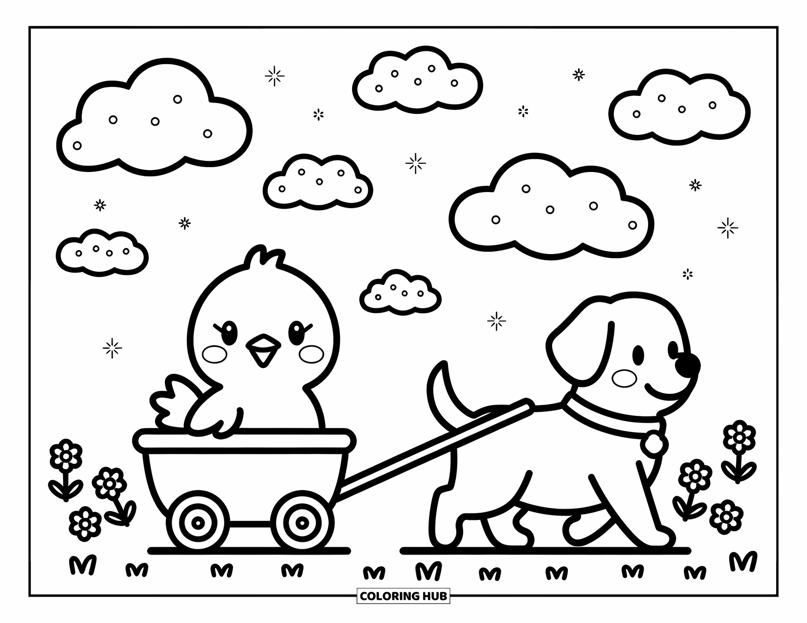 Kolorowanka ze zwierzętami gospodarskimi dla dorosłych: Szczęśliwy kurczak jedzie w małym wózku ciągniętym przez psa z migoczącymi chmurami powyżej