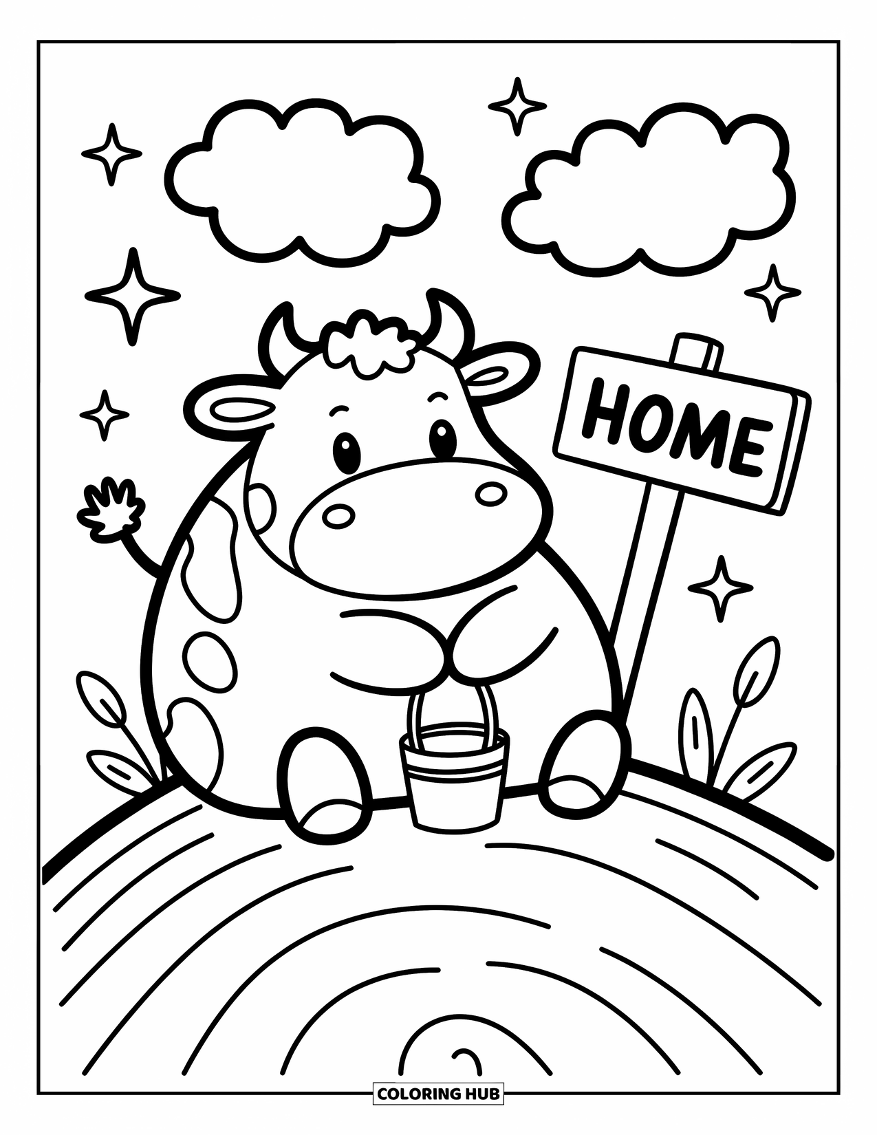 Kolorowanka ze zwierzętami gospodarskimi dla dorosłych: Szczęśliwa krowa trzyma wiadro na wzgórzu z chmurami i znakiem wskazującym dom