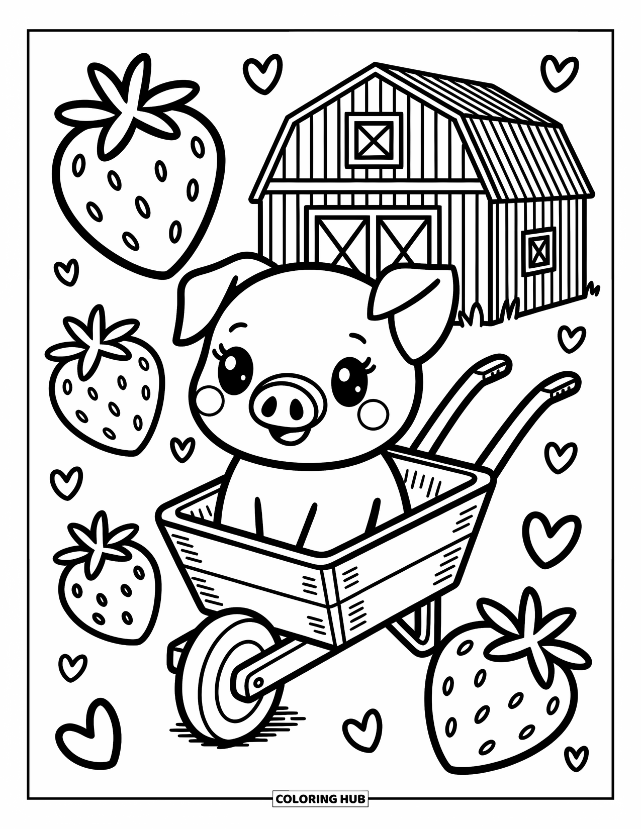 Kolorowanka ze zwierzętami gospodarskimi dla dorosłych: Radosna świnka siedzi w taczce z dużymi truskawkami i stodołą w tle