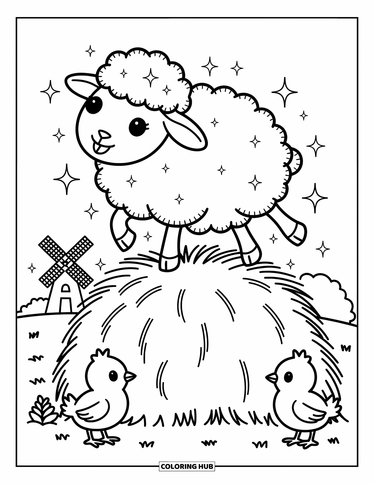Kolorowanka ze zwierzętami gospodarskimi dla dorosłych: Szczęśliwa owca skacze na stogu siana, podczas gdy dwa kurczaki obserwują, a wiatrak kręci się w tle