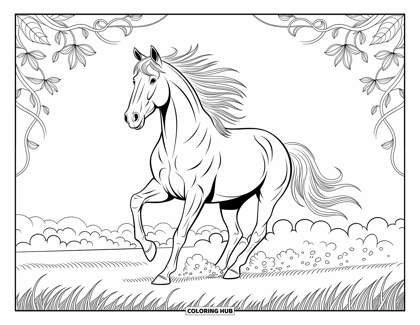 Kolorowanka ze zwierzętami gospodarskimi dla dorosłych: Koń biegnie przez pole ze szczegółowo oddanymi mięśniami, powiewającą grzywą i eleganckimi wzorami