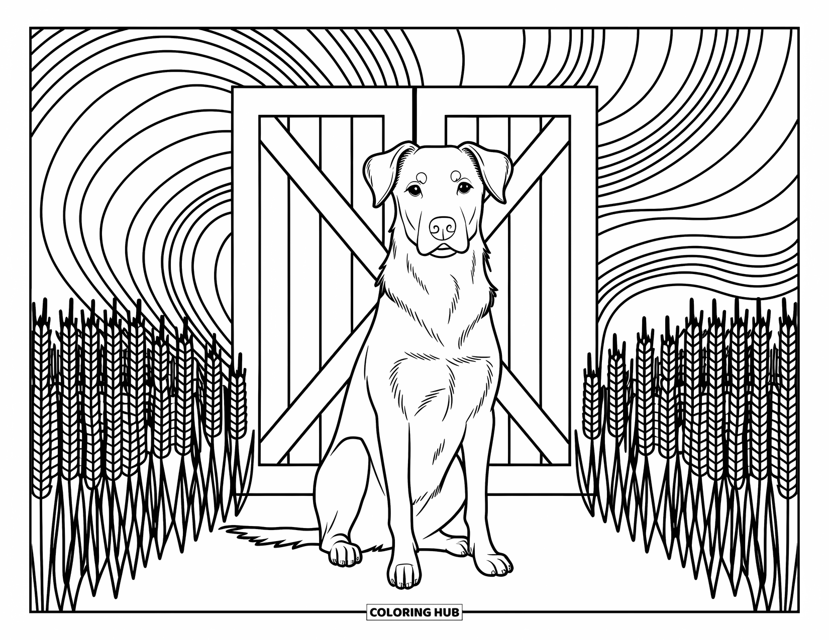 Kolorowanka ze zwierzętami gospodarskimi dla dorosłych: Lojalny pies siedzi w pobliżu stodoły, otoczony wirującymi wzorami i rzędami pszenicy