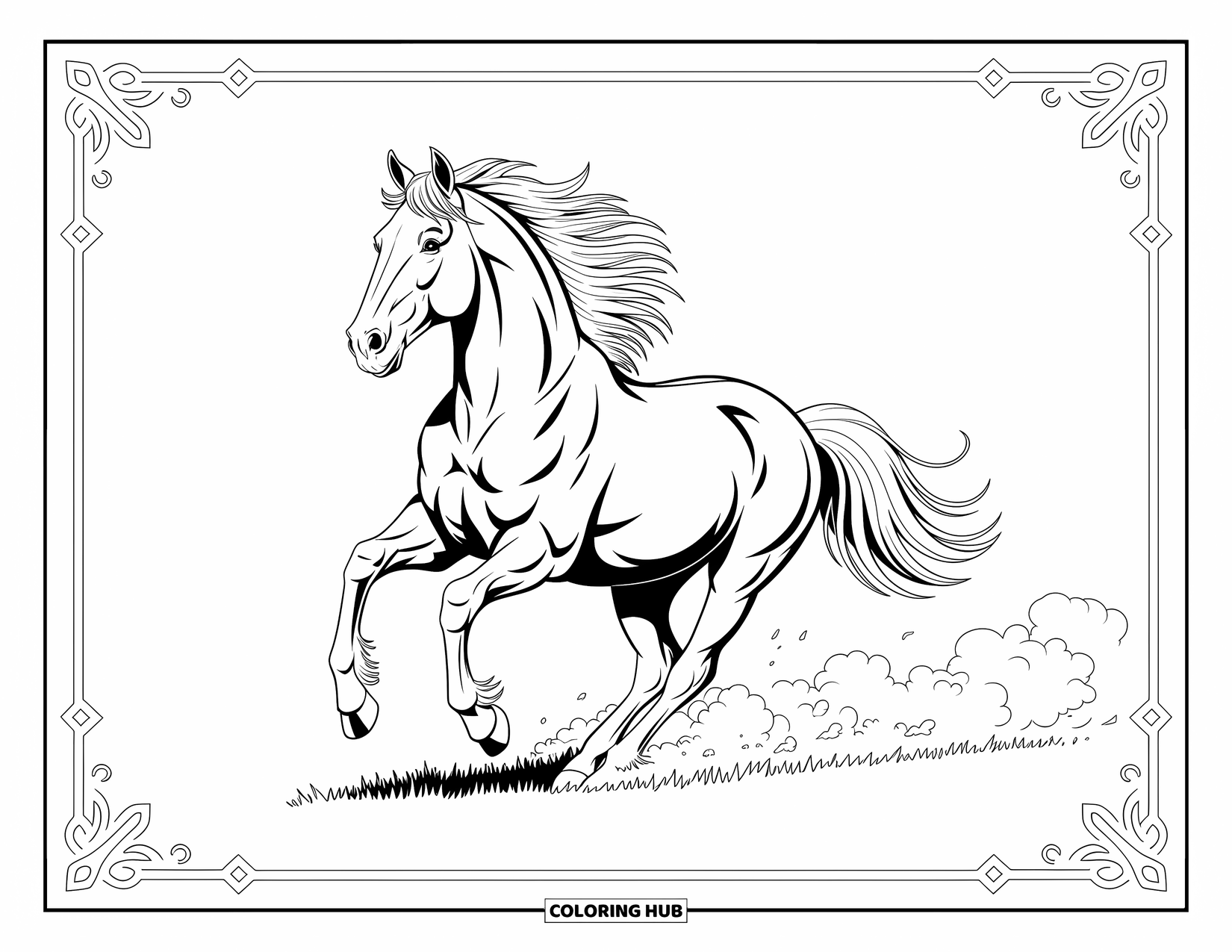 Kolorowanka ze zwierzętami gospodarskimi dla dorosłych: Majestatyczny koń szarżuje do przodu z wirującym kurzem i dekoracyjnymi kwiatowymi obramowaniami