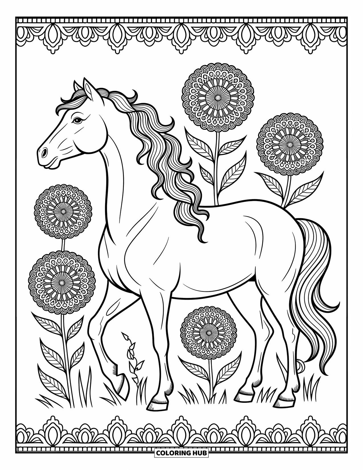 Kolorowanka ze zwierzętami gospodarskimi dla dorosłych: Koń we wzory stoi dumnie w polnych kwiatach z wirującymi płatkami i wijącymi się pnączami
