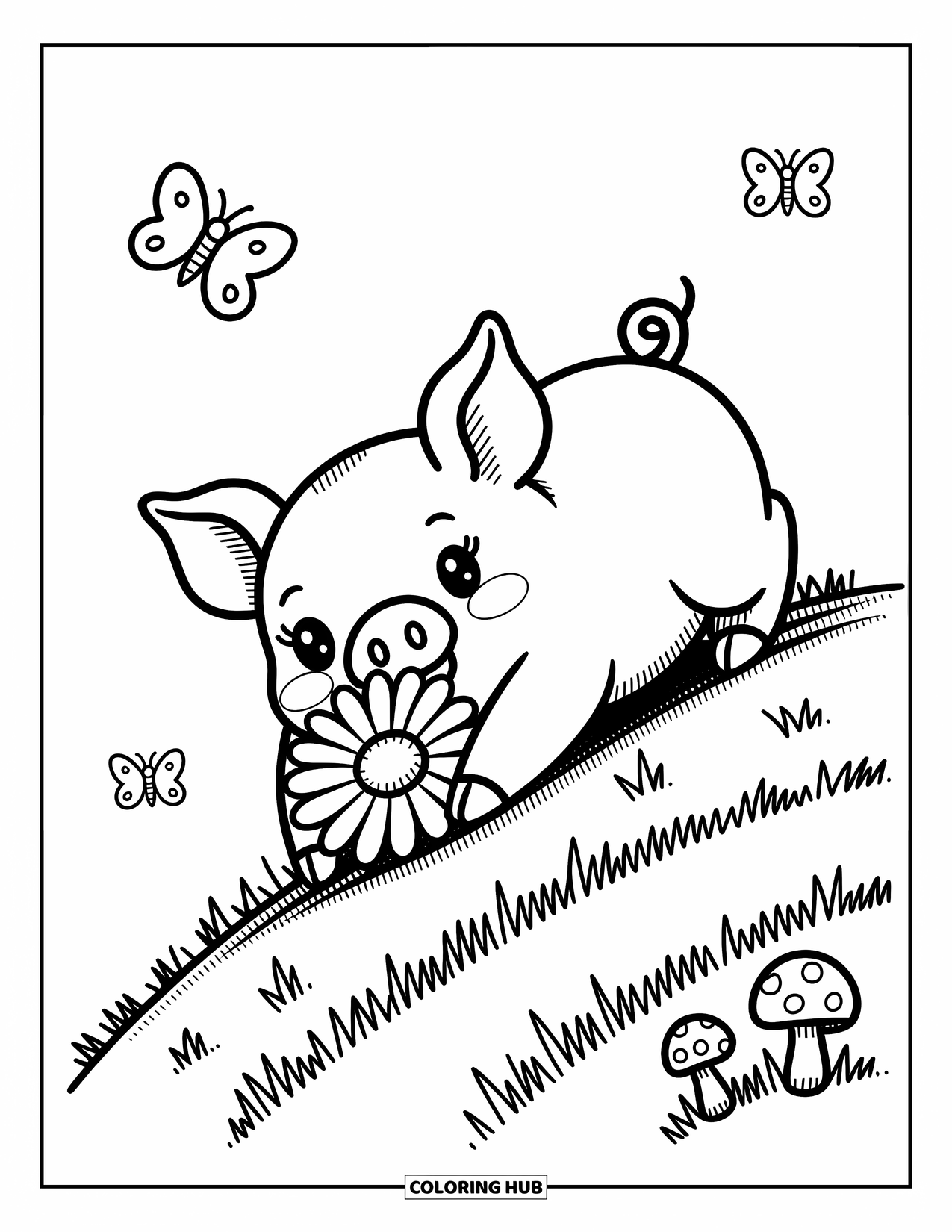 Kolorowanka ze zwierzętami gospodarskimi dla dorosłych: Prosiaczek turla się po miękkiej trawie trzymając stokrotkę, otoczony grzybami i motylami