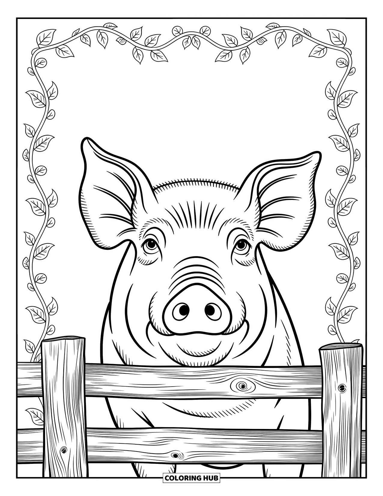 Kolorowanka ze zwierzętami gospodarskimi dla dorosłych: Pysiek świni ze szczegółowymi zmarszczkami jest otoczony pnączami, kwiatami i liniami drewnianego płotu