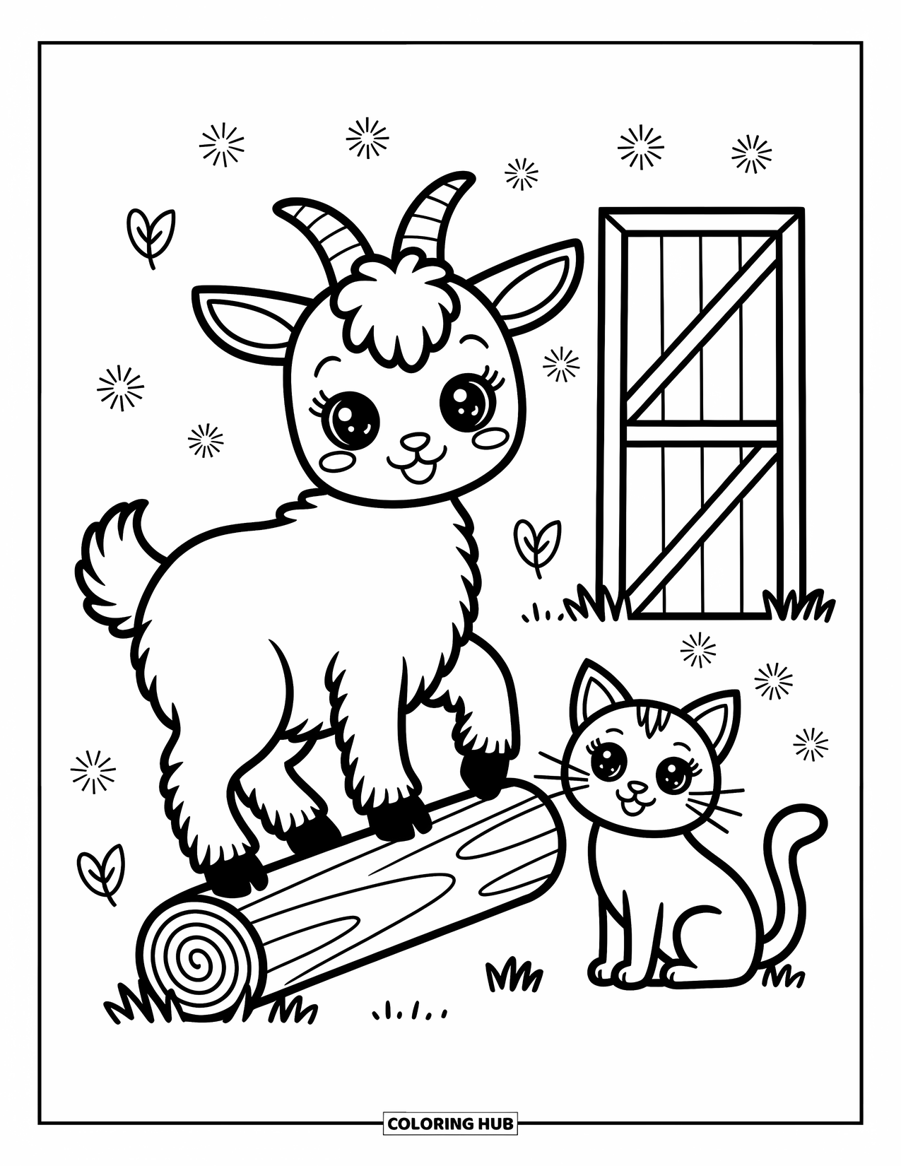 Kolorowanka ze zwierzętami gospodarskimi dla dorosłych: Figlarna koza balansuje na kłodzie z unoszącymi się liśćmi i kotem gospodarskim obok niej