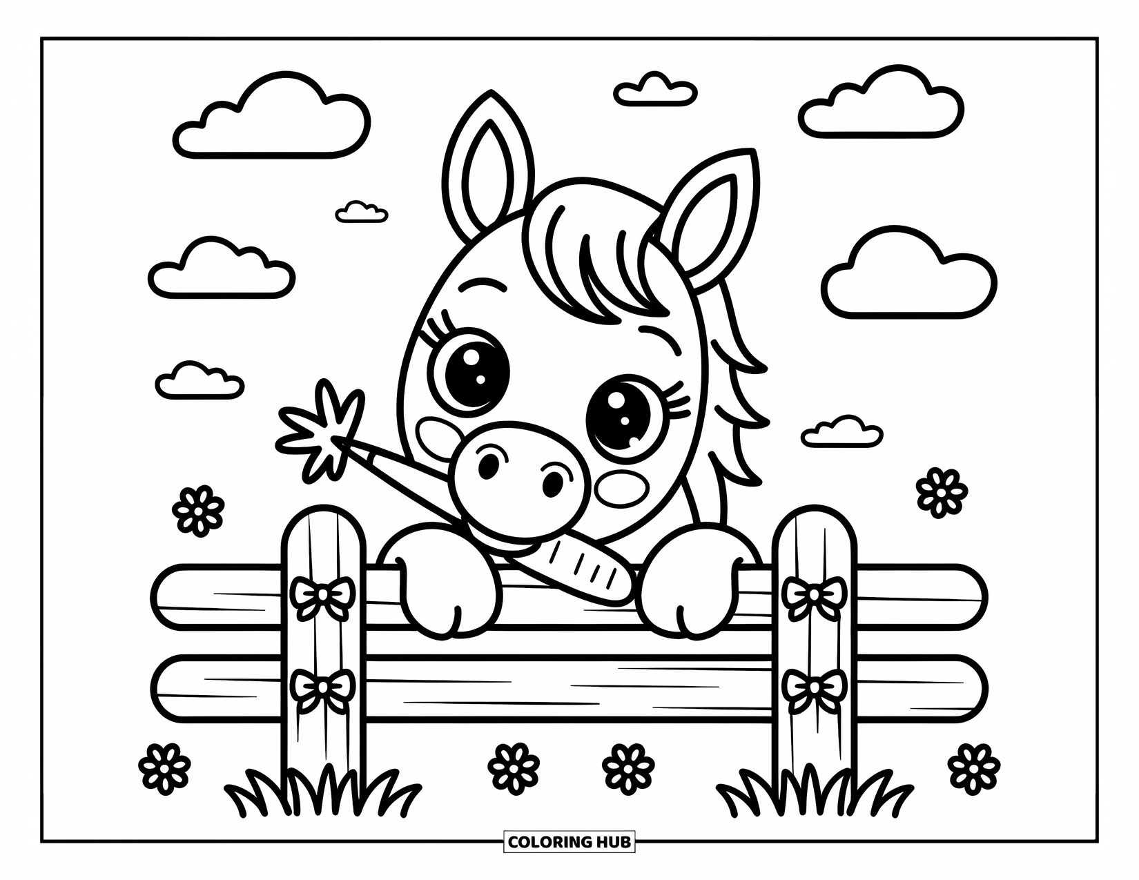 Kolorowanka ze zwierzętami gospodarskimi dla dorosłych: Figlarny koń wygląda z marchewką w pysku w pobliżu płotu z stokrotkami i kokardami