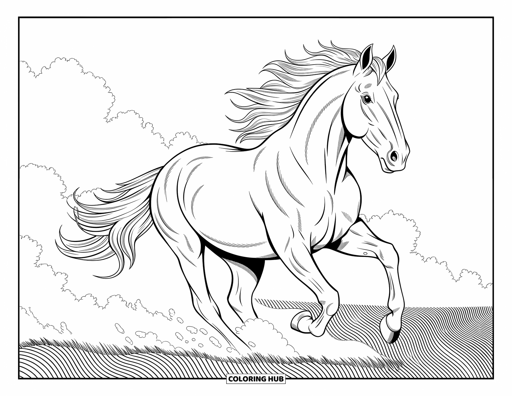 Kolorowanka ze zwierzętami gospodarskimi dla dorosłych: Potężny koń galopuje przez pole z powiewającą grzywą i wirującymi obłokami kurzu