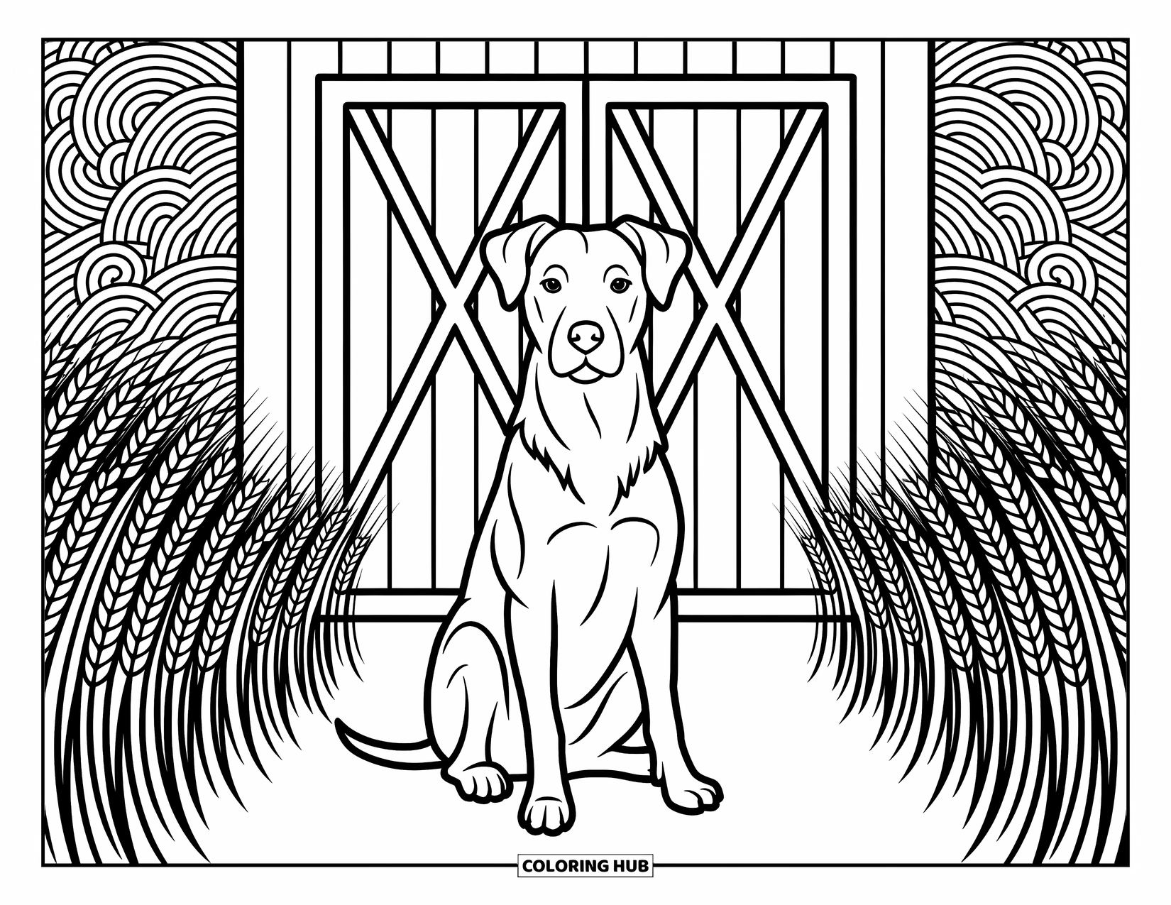 Kolorowanka ze zwierzętami gospodarskimi dla dorosłych: Dumny pies gospodarski siedzi przed drzwiami stodoły z wirującymi wzorami i pszenicą