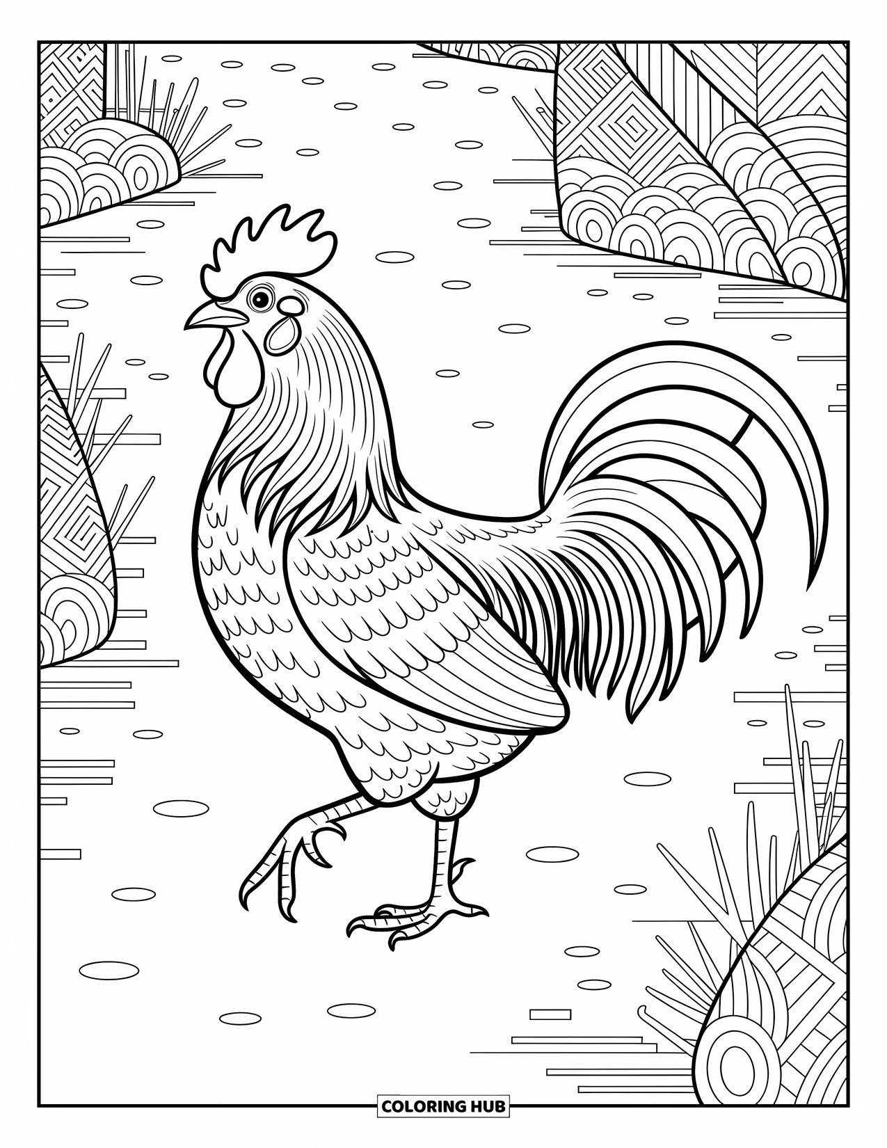 Kolorowanka ze zwierzętami gospodarskimi dla dorosłych: Kogut chodzi po ścieżce gospodarskiej ze szczegółowymi piórami, kamykami i gałązkami wokół