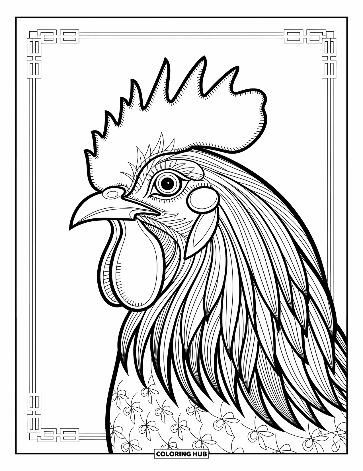 Kolorowanka ze zwierzętami gospodarskimi dla dorosłych: Głowa koguta z warstwowymi piórami, artystycznymi detalami i wirującymi wzorami