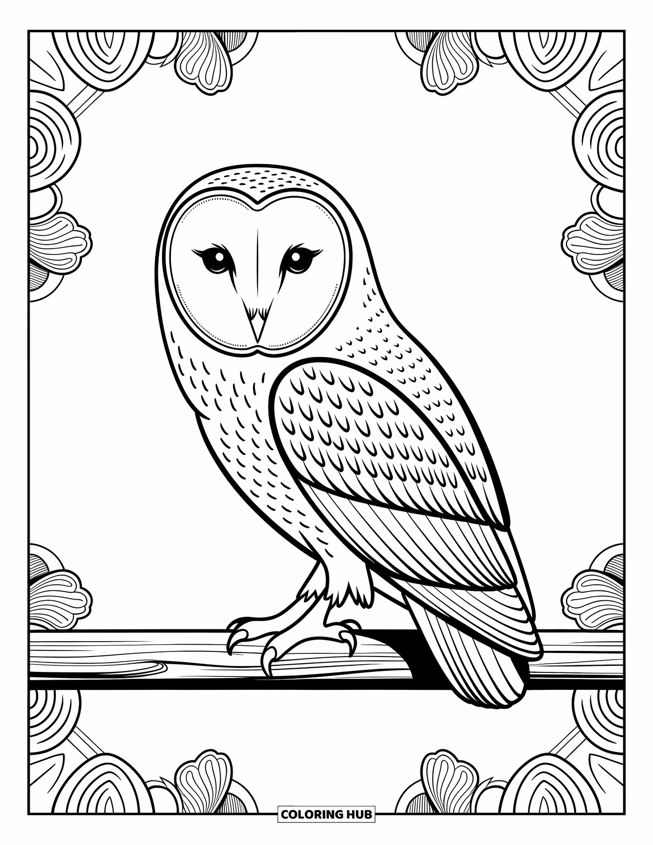 Kolorowanka ze zwierzętami gospodarskimi dla dorosłych: Spokojna sowa odpoczywa na drewnianej belce ze skomplikowanymi wzorami piór i ornamentami