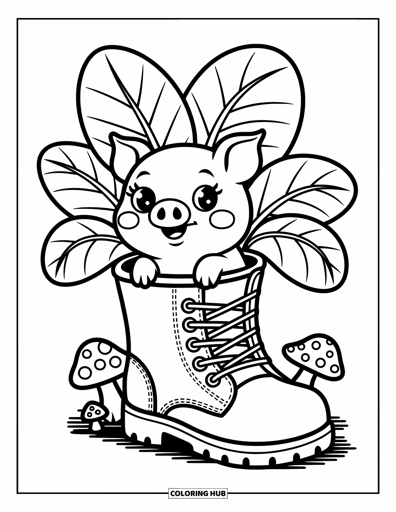 Kolorowanka ze zwierzętami gospodarskimi dla dorosłych: Słodki prosiaczek wygląda z donicy w kształcie buta z kapryśnymi liśćmi i maleńkimi grzybami