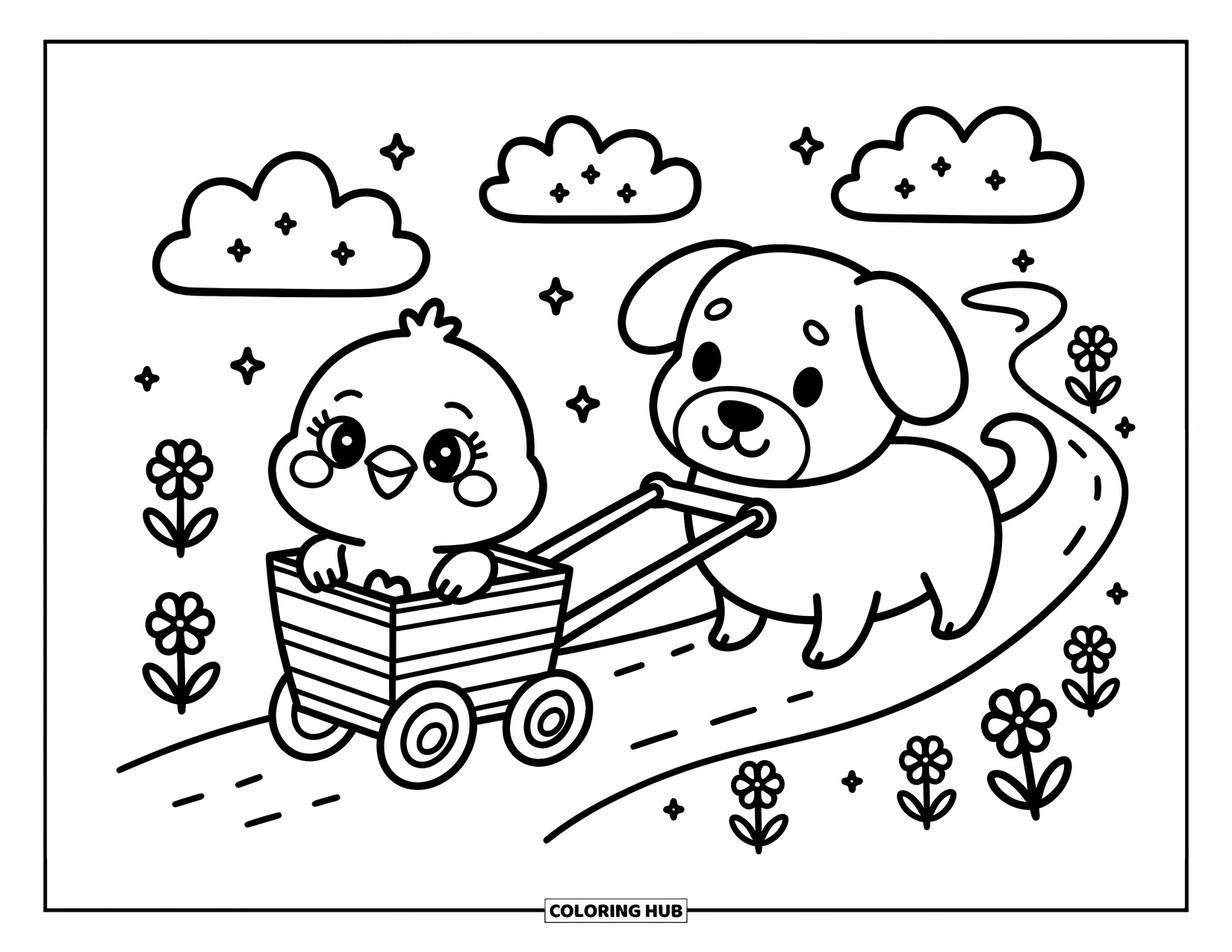 Kolorowanka ze zwierzętami gospodarskimi dla dorosłych: Maleńki kurczak siedzi w wózku ciągniętym przez przyjaznego psa wzdłuż ścieżki obsadzonej kwiatami