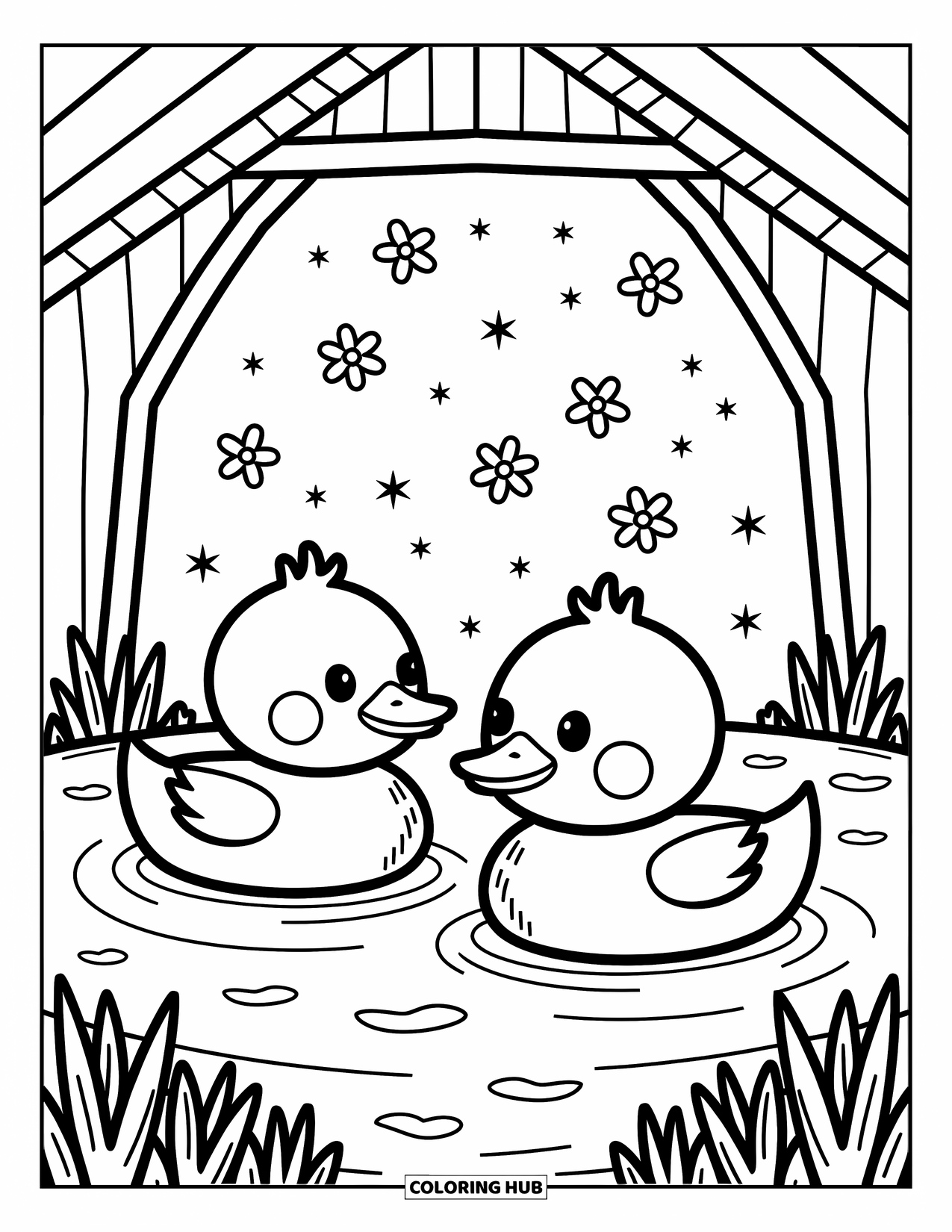 Kolorowanka ze zwierzętami gospodarskimi dla dorosłych: Urocze kaczki płyną po łagodnych falach z migoczącymi gwiazdami i wirującymi płatkami