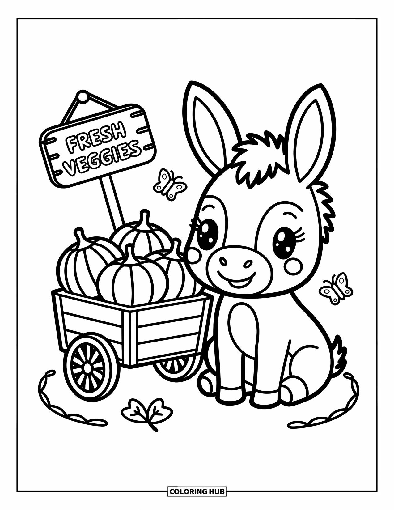 Kolorowanka ze zwierzętami gospodarskimi dla dorosłych: Uroczy osiołek siedzi obok wózka z warzywami wypełnionego dyniami i kapustą