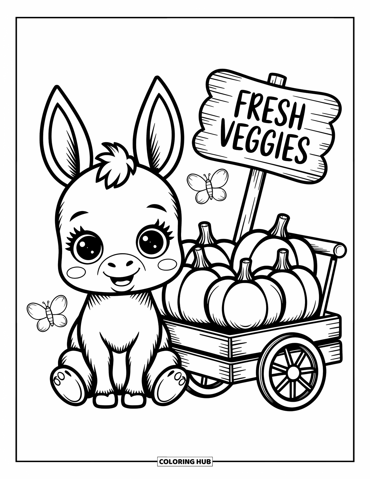 Kolorowanka ze zwierzętami gospodarskimi dla dorosłych: Uroczy osiołek siedzi obok wózka z warzywami z dyniami, kapustą i trzepoczącym motylem