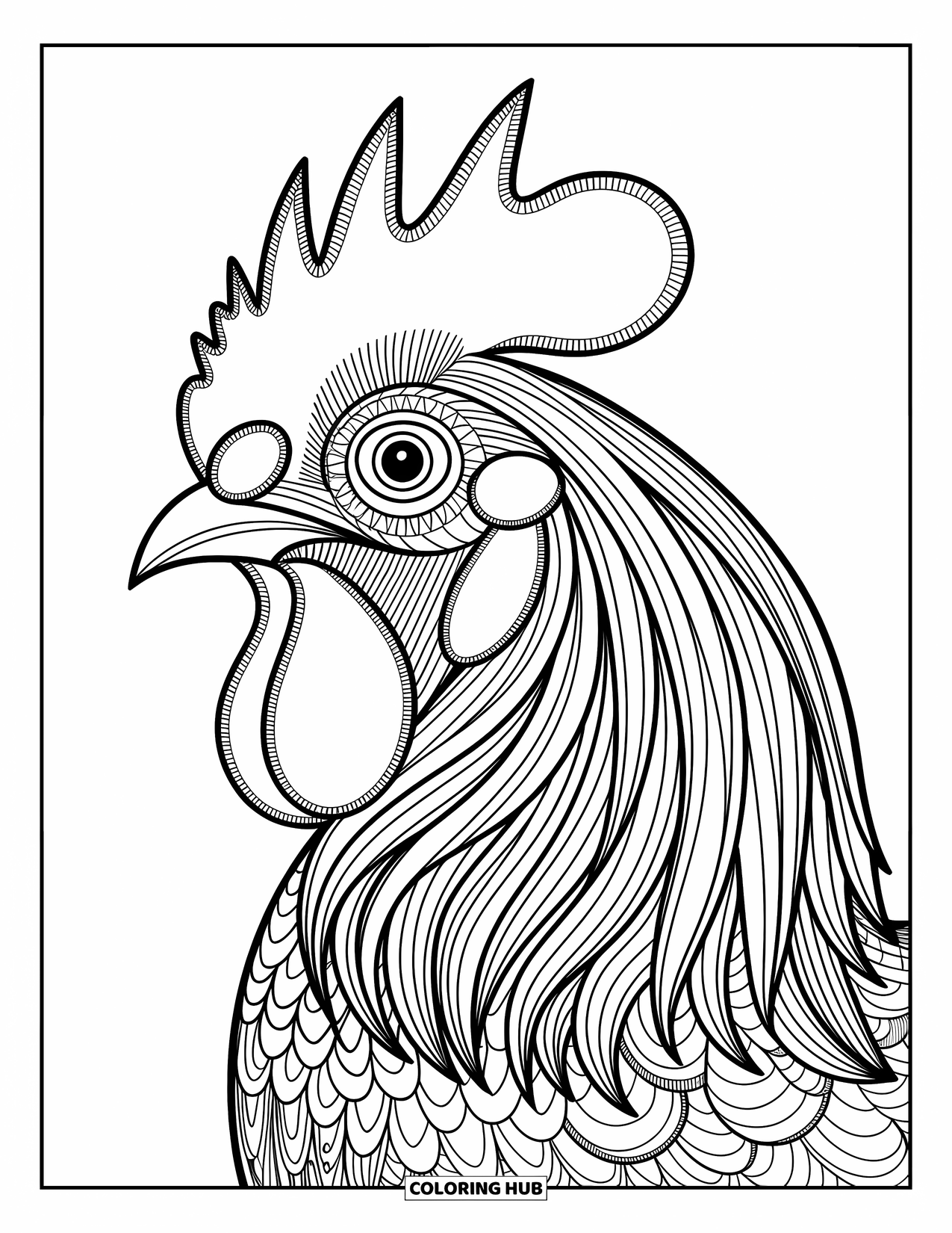 Kolorowanka ze zwierzętami gospodarskimi dla dorosłych: Elegancka głowa koguta ze skomplikowanymi wzorami piór i motywami dekoracyjnymi