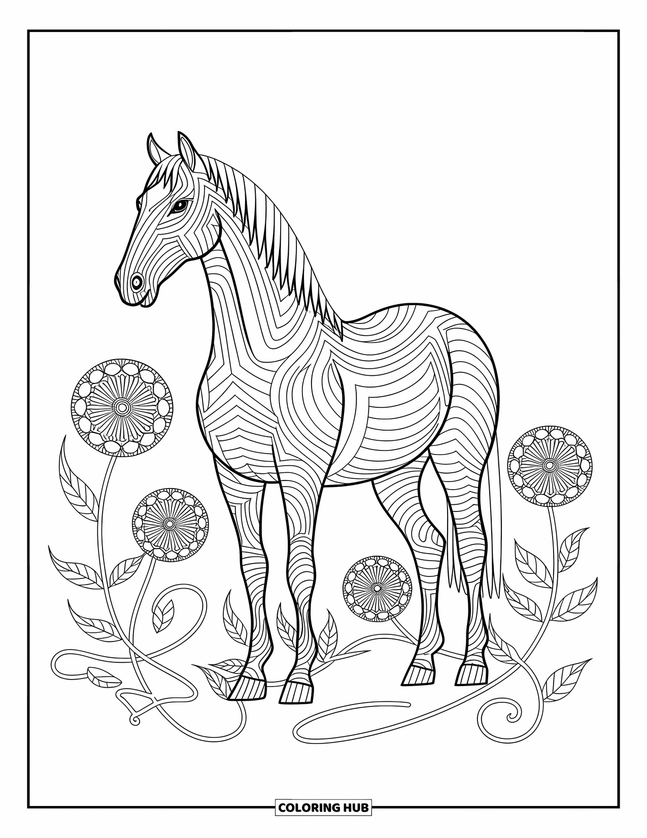 Kolorowanka ze zwierzętami gospodarskimi dla dorosłych: Misternie wzorzysty koń stoi na polu polnych kwiatów z wijącymi się pnączami