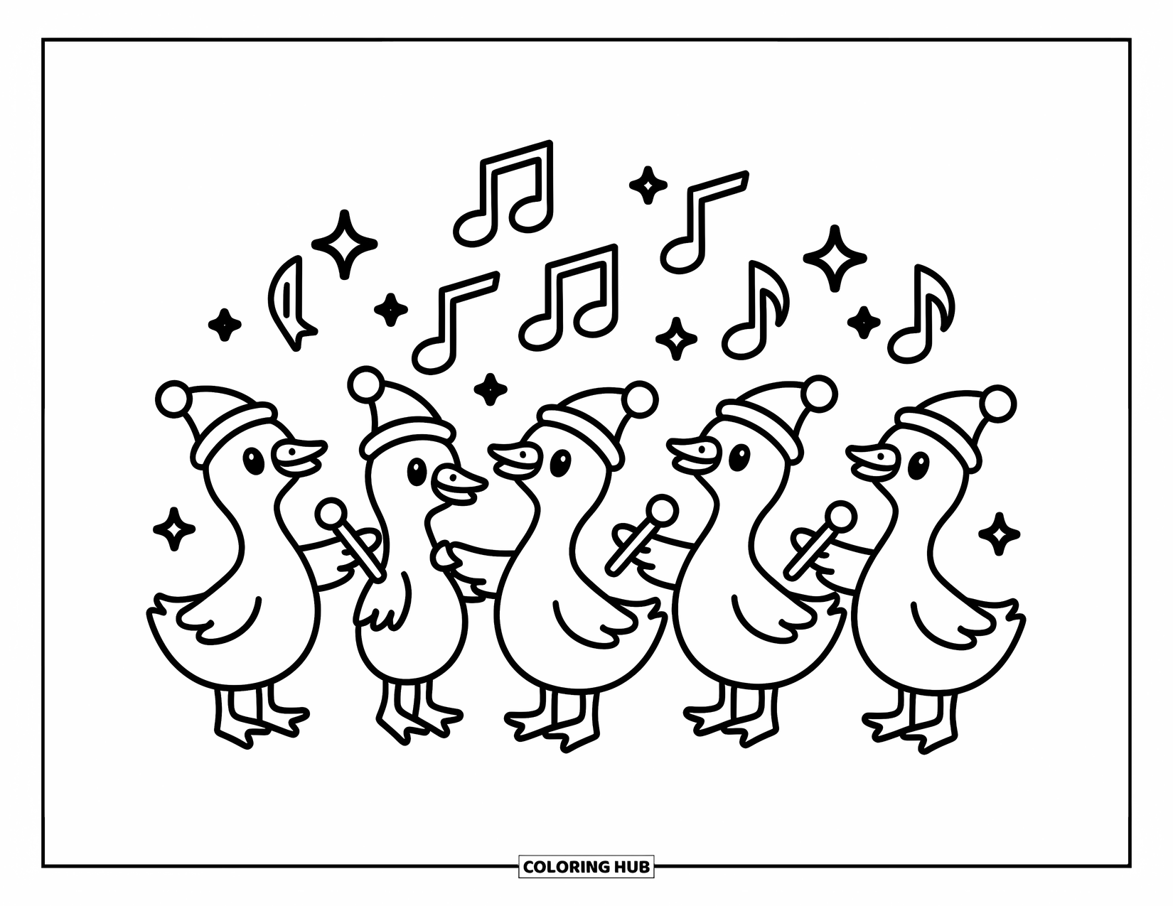 Kolorowanka ze zwierzętami gospodarskimi dla dorosłych: Wesołe gęsi w kapeluszach trzymają nuty muzyczne z gwiazdami błyszczącymi nad nimi